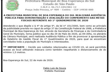 PM REALIZARÁ AUDIÊNCIA PÚBLICA PARA DEMONSTRAÇÃO E AVALIAÇÃO DO CUMPRIMENTO DAS METAS FISCAIS REFERENTE AO 1° QUADRIMESTRE DE 2020