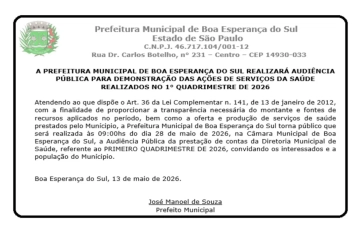 A PREFEITURA MUNICIPAL DE BOA ESPERANÇA DO SUL REALIZARÁ AUDIÊNCIA PÚBLICA PARA DEMONSTRAÇÃO DAS AÇÕES DE SERVIÇOS DA SAÚDE REALIZADOS NO 1° QUADRIMESTRE DE 2026