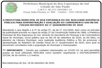 A PREFEITURA MUNICIPAL DE BOA ESPERANÇA DO SUL REALIZARÁ AUDIÊNCIA PÚBLICA