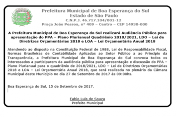 A Prefeitura Municipal de Boa Esperança do sul realizará Audiência Pública;