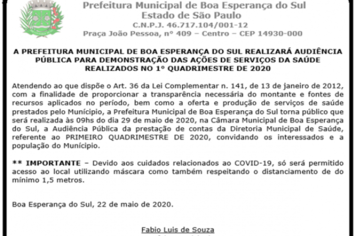 PM REALIZARÁ AUDIÊNCIA PÚBLICA PARA DEMONSTRAÇÃO DAS AÇÕES DE SERVIÇOS DA SAÚDE REALIZADOS NO 1° QUADRIMESTRE DE 2020