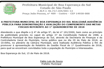 PM Realizará audiência pública para demonstração e avaliação do cumprimento das metas fiscais referente ao 1° quadrimestre de 2018.