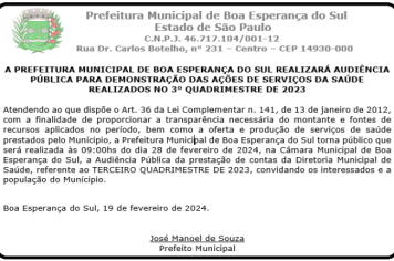 A PREFEITURA MUNICIPAL DE BOA ESPERANÇA DO SUL REALIZARÁ AUDIÊNCIA PÚBLICA PARA DEMONSTRAÇÃO DAS AÇÕES DE SERVIÇOS DA SAÚDE REALIZADOS NO 3° QUADRIMESTRE DE 2023