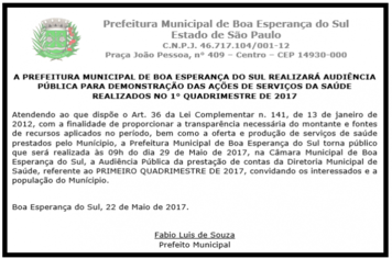 Prefeitura Municipal realizará audiência pública. 