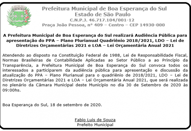 A Prefeitura Municipal de Boa Esperança do Sul realizará Audiência Pública