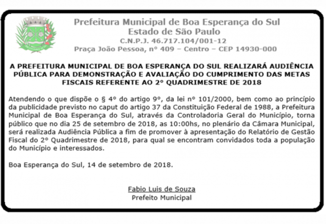 Prefeitura Municipal de BES realizará Audiência Pública.