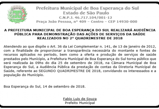 Prefeitura Municipal de BES realizará Audiência Pública.