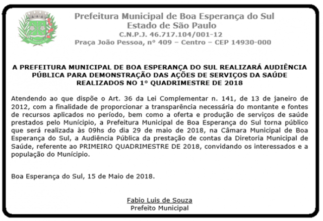 PM realiza audiência pública para demonstração das ações de serviços da Saúde realizados no 1º quadrimestre de 2018.