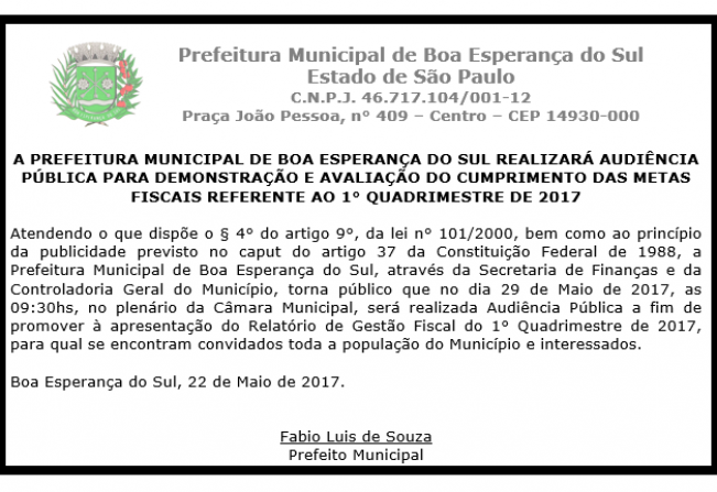 Prefeitura Municipal realizará audiência pública. 