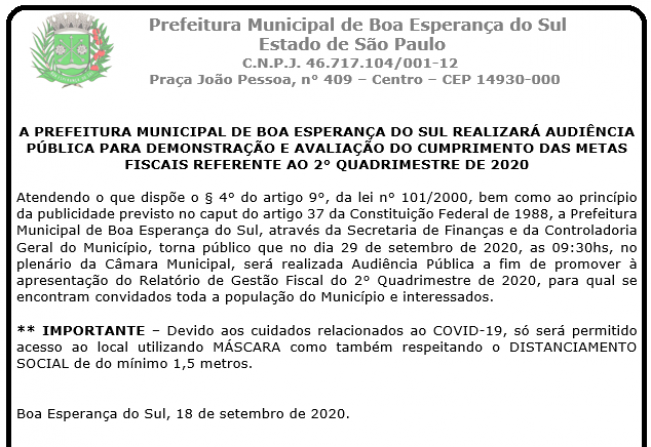 A PREFEITURA MUNICIPAL DE BOA ESPERANÇA DO SUL REALIZARÁ AUDIÊNCIA PÚBLICA