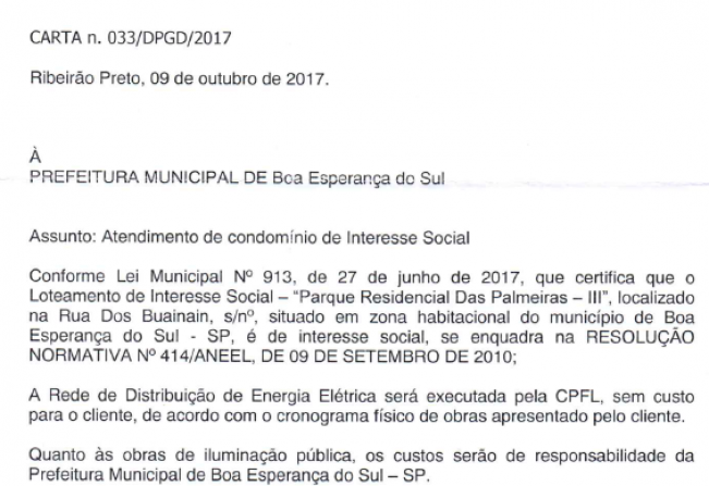 PALMEIRAS III RECEBERÁ ENERGIA ELÉTRICA.