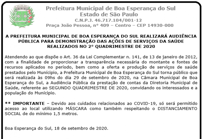 A PREFEITURA MUNICIPAL DE BOA ESPERANÇA DO SUL REALIZARÁ AUDIÊNCIA PÚBLICA 